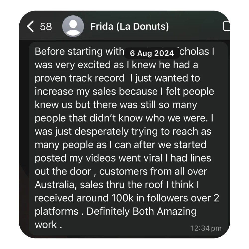 Dated client message from Frida of La Donuts