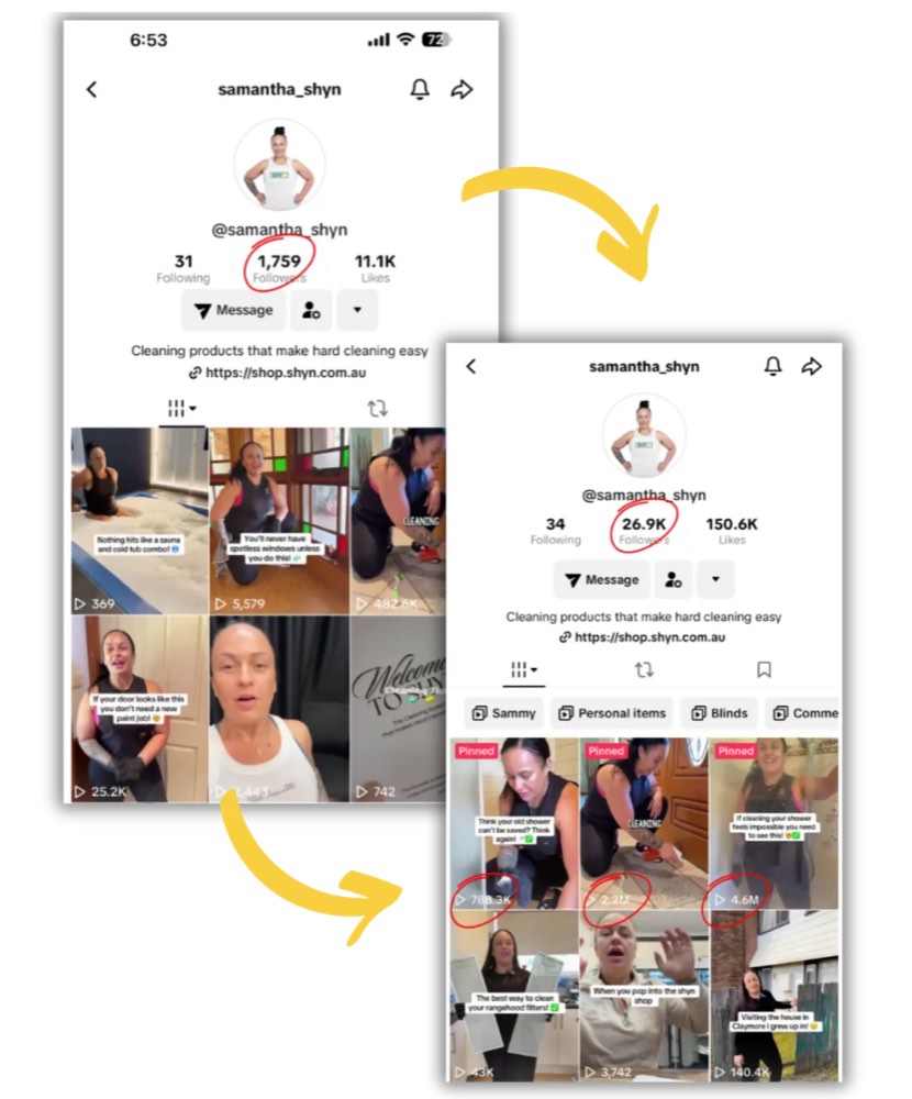 Before and after profile screenshots showing growth from 1,759 to 26,900 followers
